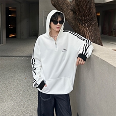 秋季宽松休闲连帽半拉链卫衣长袖条纹三条杠外套XZ808B-WH087-P48，女装短外套，星座808B