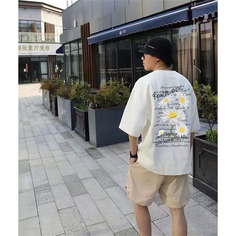 抖音得物供货210克宽松纯棉美式潮牌印花落肩袖纯棉T恤AT2101,男装T恤,电商A443