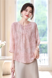 时尚轻奢高级感真丝衬衫女2025夏装新款03双绉桑蚕丝上衣印花小衫图片