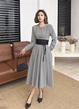 千鸟格撞色腰带连衣裙，女装连衣裙，迪蔓君翔