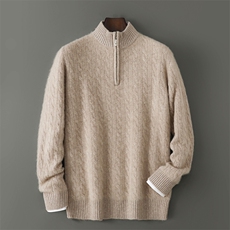 2025百搭时尚简约半开拉链领麻花绞花羊毛衫，男装羊毛衫，千国羊绒