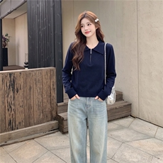 2026藏青色Polo领半拉链针织衫女早秋简约翻领短款显瘦长袖上衣，女装针织衫/毛衣，艾米莉亚