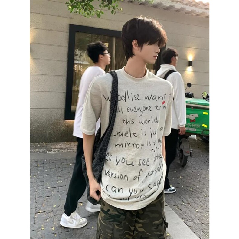 网图有货美式复古手绘字母涂鸦纯棉短袖男女欧美潮牌t恤A335-P25,男装T恤,星座1505