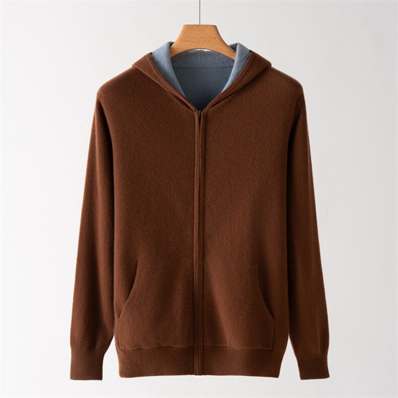 2026年秋季时尚都市长袖时尚百搭连帽拉链开衫，男装羊绒开衫，雪丹羊