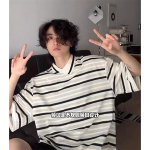 PL01-P45控68网图美式复古潮牌撞色条纹polo衫男短袖t恤