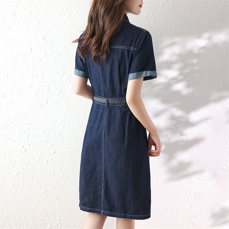 薄款牛仔衬衫连衣裙女2025年夏季新款气质收腰小个子短袖翻领裙子,女装连衣裙,沁沁公主