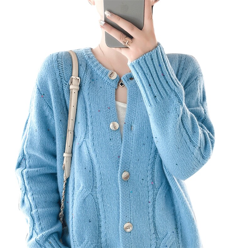 宽松慵懒风加厚100%纯羊毛开衫女圆领扭花亮片外套毛衣羊绒衫上衣,女装羊毛衫,秋虹羊绒
