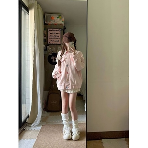 粉色碎花撞色翻领外套女春秋2025新款宽松甜美可爱设计感小众夹克