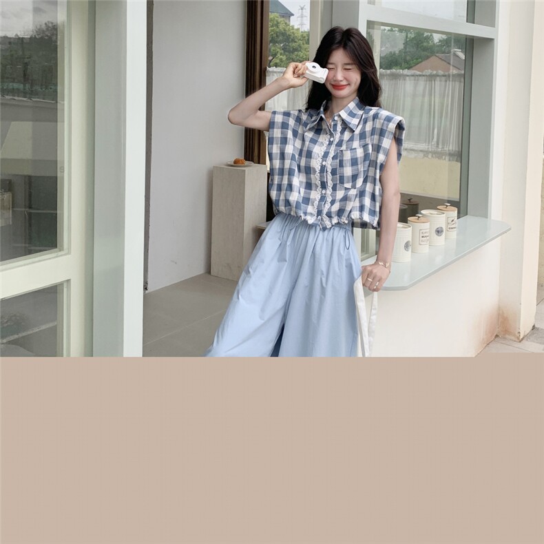 韩系甜美学院风蕾丝花边格子衬衣套装女夏季2025新款阔腿裤两件套,女装套装/套裙,2C135