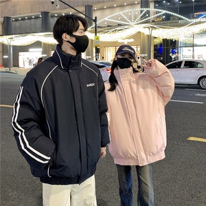 情侣装冬装 港风条纹织带棉服 棉衣休闲加厚外套男女 G1107 P118图片