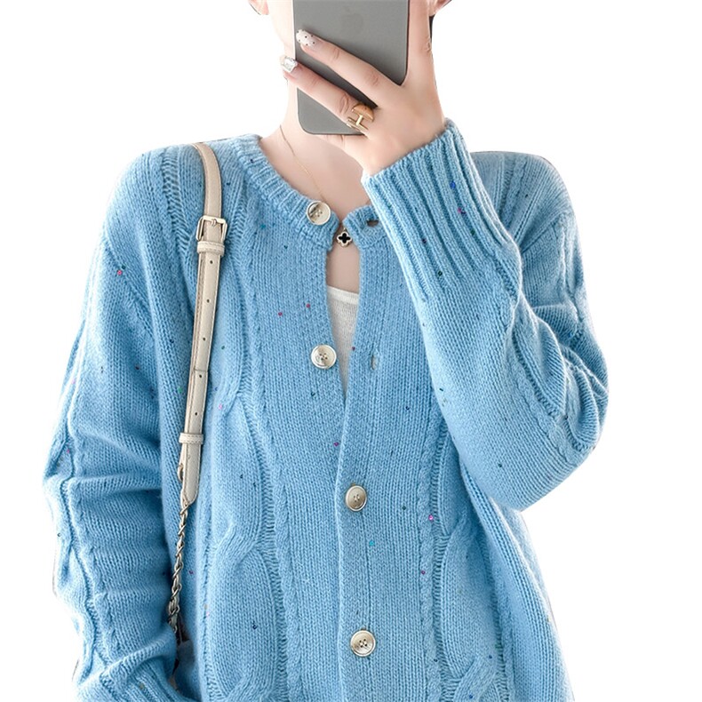 宽松慵懒风加厚100%纯羊毛开衫女圆领扭花亮片外套毛衣羊绒衫上衣,女装羊毛衫,秋虹羊绒