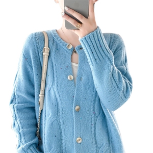 宽松慵懒风加厚100%纯羊毛开衫女圆领扭花亮片外套毛衣羊绒衫上衣图片