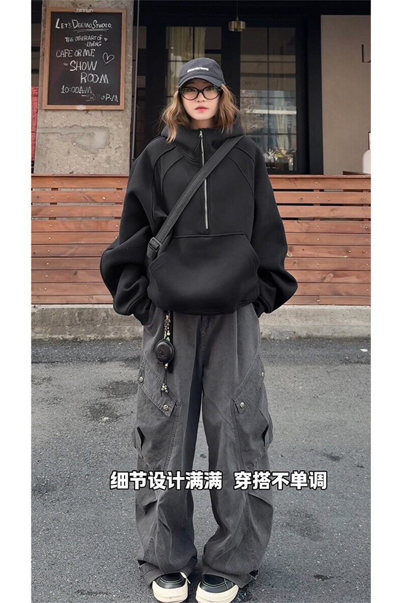 2026秋季半拉链卫衣C7061-TP75118情侣款美式设计感连帽外套,女装短外套,电商A102