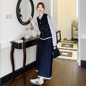 蕾丝拼接牛仔马甲背心套装女2025春季新款九分阔腿裤时尚三件套图片