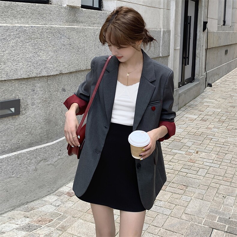 红灰色拼接西装外套女春秋2025新款韩系简约设计感西服爆款,女装西装,素月