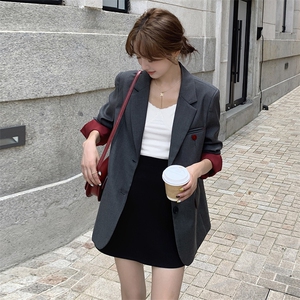 红灰色拼接西装外套女春秋2025新款韩系简约设计感西服爆款