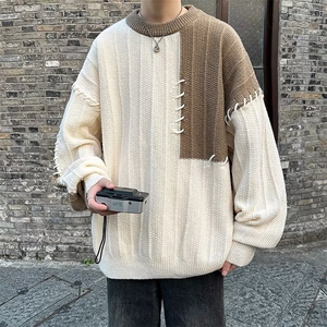 潮设计感拼接撞色毛衣男女冬季小众套头青少年针织衫上衣7135/P50图片