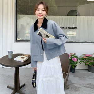 撞色翻领休闲黄色外套女春秋2025新款小个子短款夹克韩系时尚爆款图片