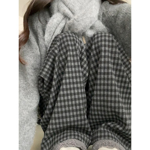 AK2482-P50日系慵懒阔腿毛呢格子裤女秋冬显瘦垂感直筒裤高腰休闲图片