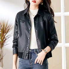 直筒型POLO领休闲短款3D皮夹克显瘦皮衣百搭通用春秋秋季大码，女装皮衣，缘衣格