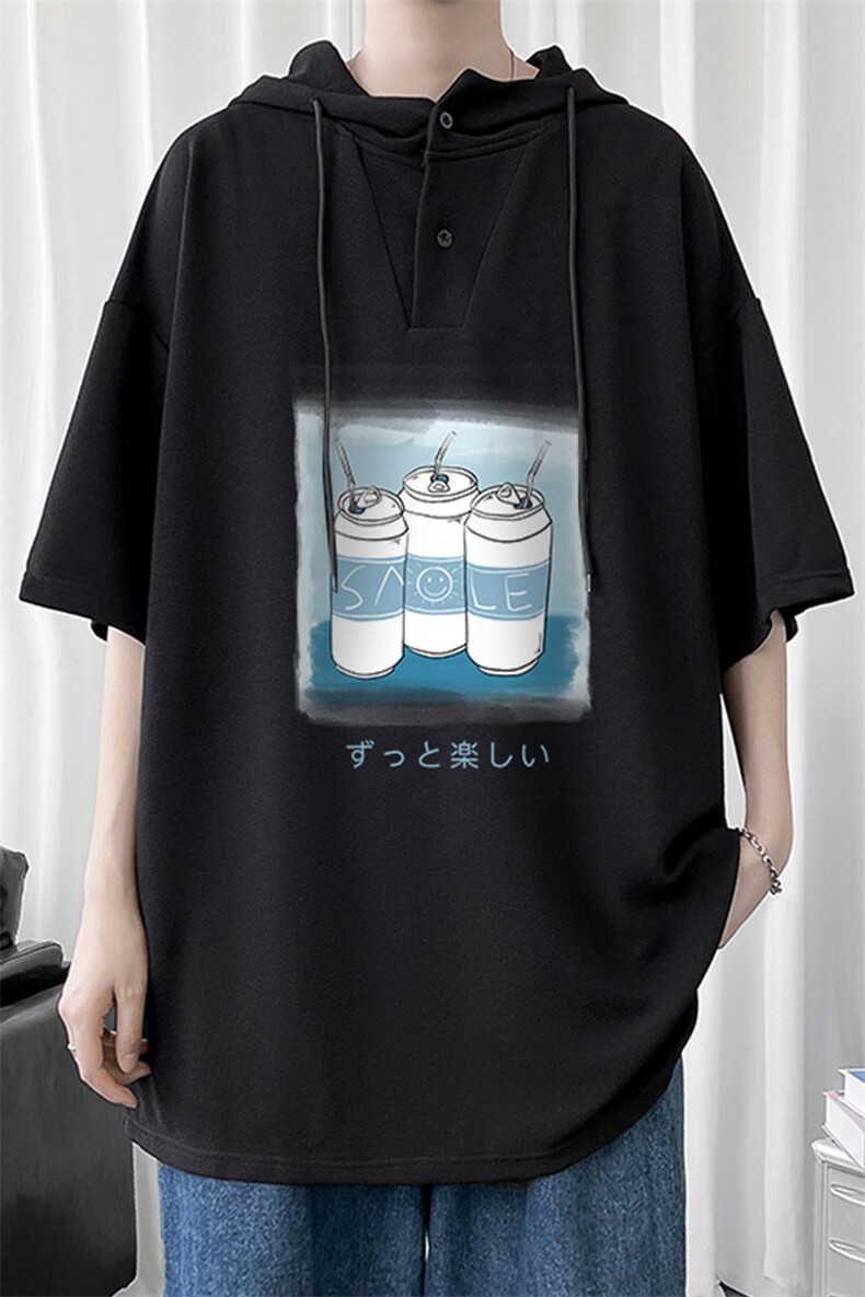 LD54148-P45连帽短袖t恤男大码胖子带帽五分袖中袖,男装T恤,电商A040