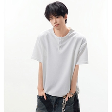 华夫格亨利领短袖T恤男春夏季2025新款美式潮牌宽松休闲半袖体恤，男装T恤，电商C216