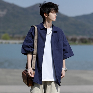 8XL-M亚麻短袖衬衫男夏薄款宽松休闲百搭大码半袖衬衣DC28002P50图片