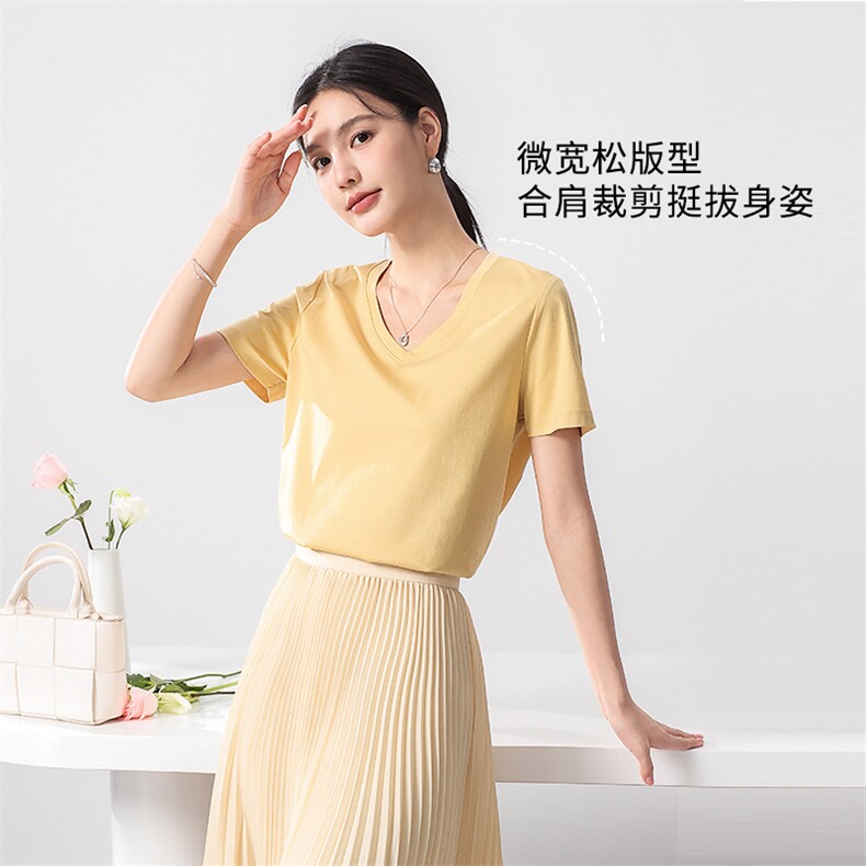 凉感丝光棉T恤女宽松简约基础款圆领V领U领显瘦短袖防晒T,女装T恤,拓晨羊绒