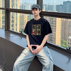 万针全刺绣工艺抖音得物高品质260克重磅纯棉双纱美式高街短袖T恤，男装T恤，电商A486