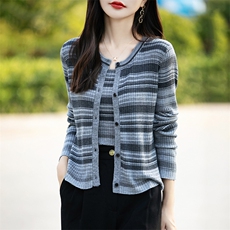 秋冬圆领精纺羊毛针织开衫女条纹宽松百搭长袖外套外穿背心，女装羊毛衫，总能电商供货