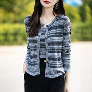 秋冬圆领精纺羊毛针织开衫女条纹宽松百搭长袖外套外穿背心图片