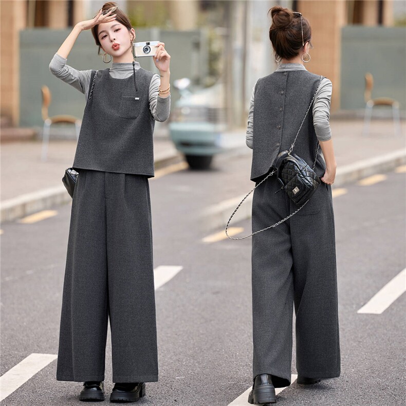 2025秋冬季毛呢新款外穿内搭马甲阔腿裤三件套时尚套装，女装套装/套裙，瑶迪依秀