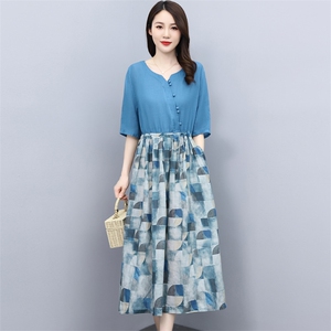 棉麻连衣裙女夏季2022新款宽松中年妈妈夏天薄款印花苎麻长裙现货图片