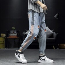 2020日系秋款破洞牛仔裤大码男潮流束脚宽松九分牛仔裤NZ802-P50，男装牛仔裤，电商B278
