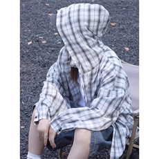 泡泡纱连帽格子衬衫男夏季薄款美式复古高级感长袖衬衣防晒服外套，男装防晒衣，星座1001-1