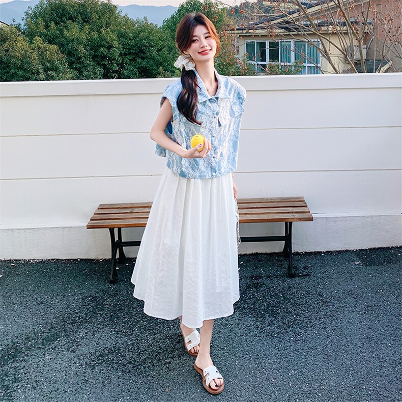 2025新款夏装度假套装牛仔蕾丝马甲长裙两件套2523-P165控248,女装连衣裙,2D009