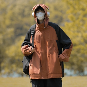 新款拼接冲锋衣外套男士秋冬季痞帅高街情侣防风连帽夹克FK62-P68
