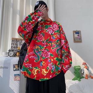 C203春长袖男士宽松东北大花港风衬衣外套民族特色牡丹花衬衣图片