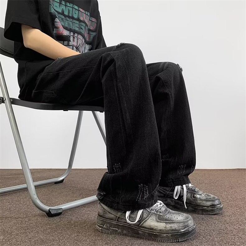 牛仔裤男款夏季潮牌痞帅破洞设计感小众微喇叭阔腿裤N6151,男装牛仔裤,星座1116A-1（原606A）