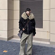 2025美式复古做旧座山雕加厚棉服男女宽松解构磨毛高级感毛领外套，男装棉衣，星座506A