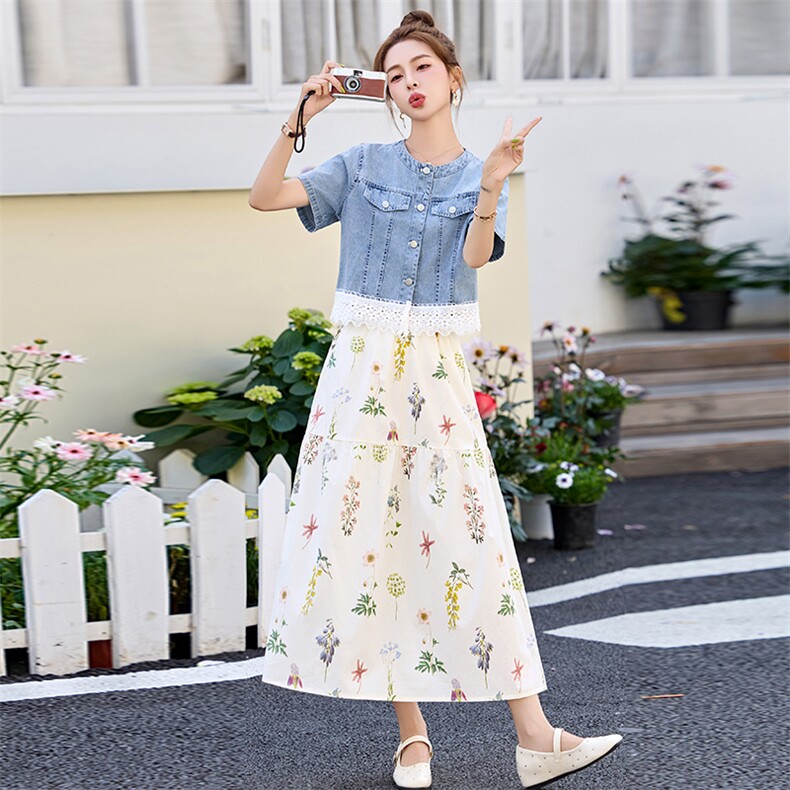 新款现货新中式夏季时尚休闲圆领拼接小上衣半身裙两件套,女装套装/套裙,丽美静依