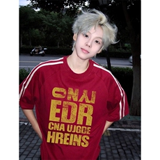 抖音得物高品质二开240克宽松纯棉美式潮牌三条杠织带短袖T恤，男装T恤，电商A486-1