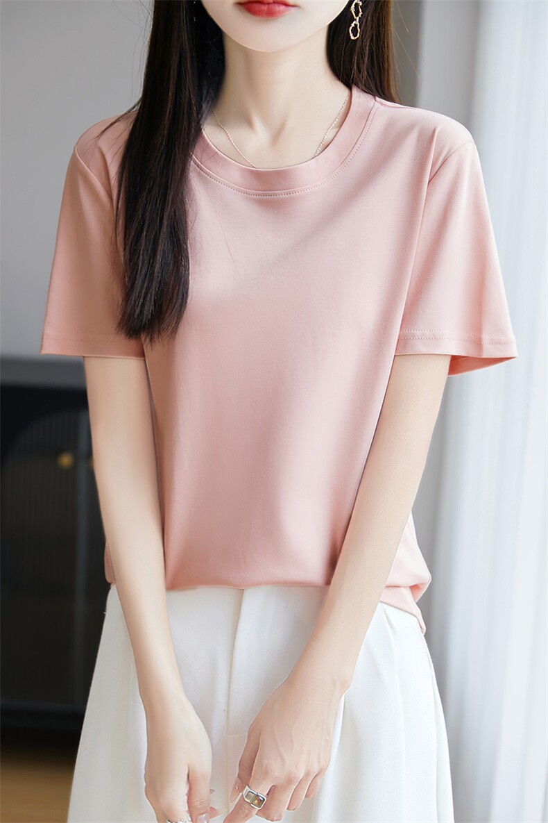 夏季新款简约圆领短袖女宽松百搭显瘦时尚休闲上衣,女装T恤,羊秋羊绒