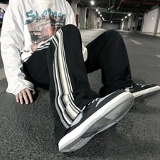 男春季高品质美式ins炸街条纹运动裤直筒宽松垂感休闲长裤Z32P35，男装休闲裤，星座1116-2