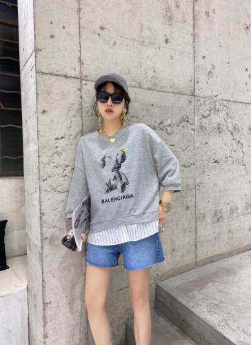 【现货】夏季新款纯棉薄款衬衫拼接七分袖圆领卫衣,女装衬衫,微迪菲