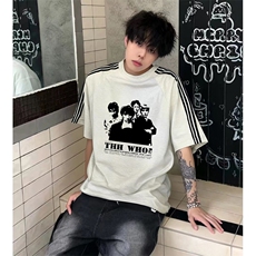 抖音得物品质二开240克宽松纯棉美式潮牌印花三条杠中性风短袖T恤，男装T恤，电商A486-1