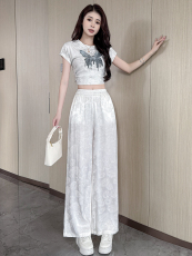 水衣源2247款夏季新款缎面提花垂感凉爽阔腿裤女显瘦中式长裤，女装休闲裤，水衣源