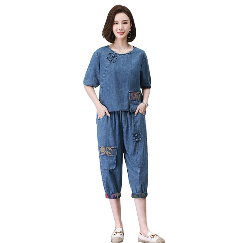 时尚宽松牛仔印花拼接水洗套装舒适百搭显瘦两件套,女装套装/套裙,叶笙衣