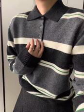 2025年秋季常规通勤单件长袖拼色3扣Polo领，女装羊毛衫，百纯羊绒