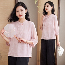 夏季时尚优雅别致设计感新中式清新百搭202亲肤透气品质小衫上衣，女装蕾丝衫/雪纺衫，媚琳依坊